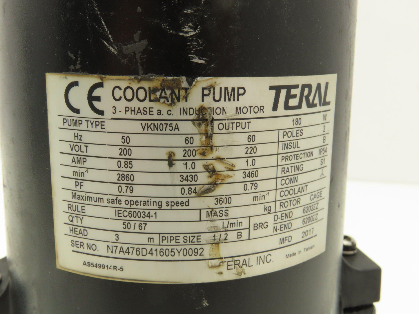 Teral VKN075A Coolant Pump 67 L/min 180W 3460rpm 220V 3PH 1/2"NPT Floor Mount