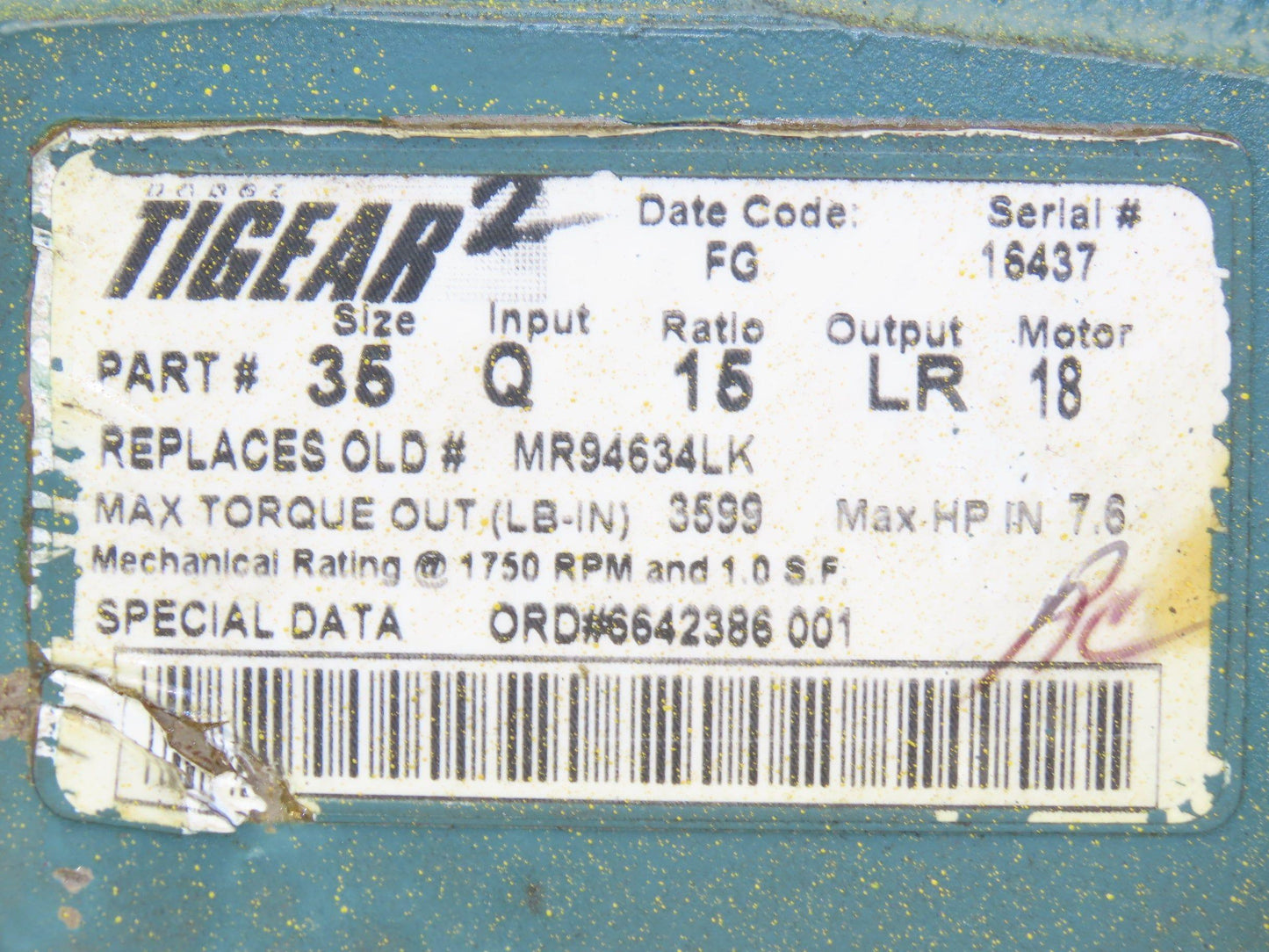 Dodge 35Q15LR18 Tigear Worm Gearbox 15:1 Reducer 7.6Hp 117rpm 182TC Dual Output