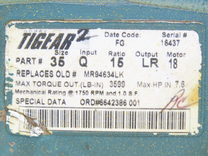 Dodge 35Q15LR18 Tigear Worm Gearbox 15:1 Reducer 7.6Hp 117rpm 182TC Dual Output