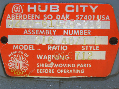 Hub City 216 Worm Gearbox 40:1 Reducer 1Hp 62.5rpm 56C Hollow Shaft 0220-61425