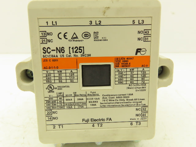 Fuji Electric SC-N6 Magnetic Motor Starter Contactor 125A 600V 3 Pole Coil 120V