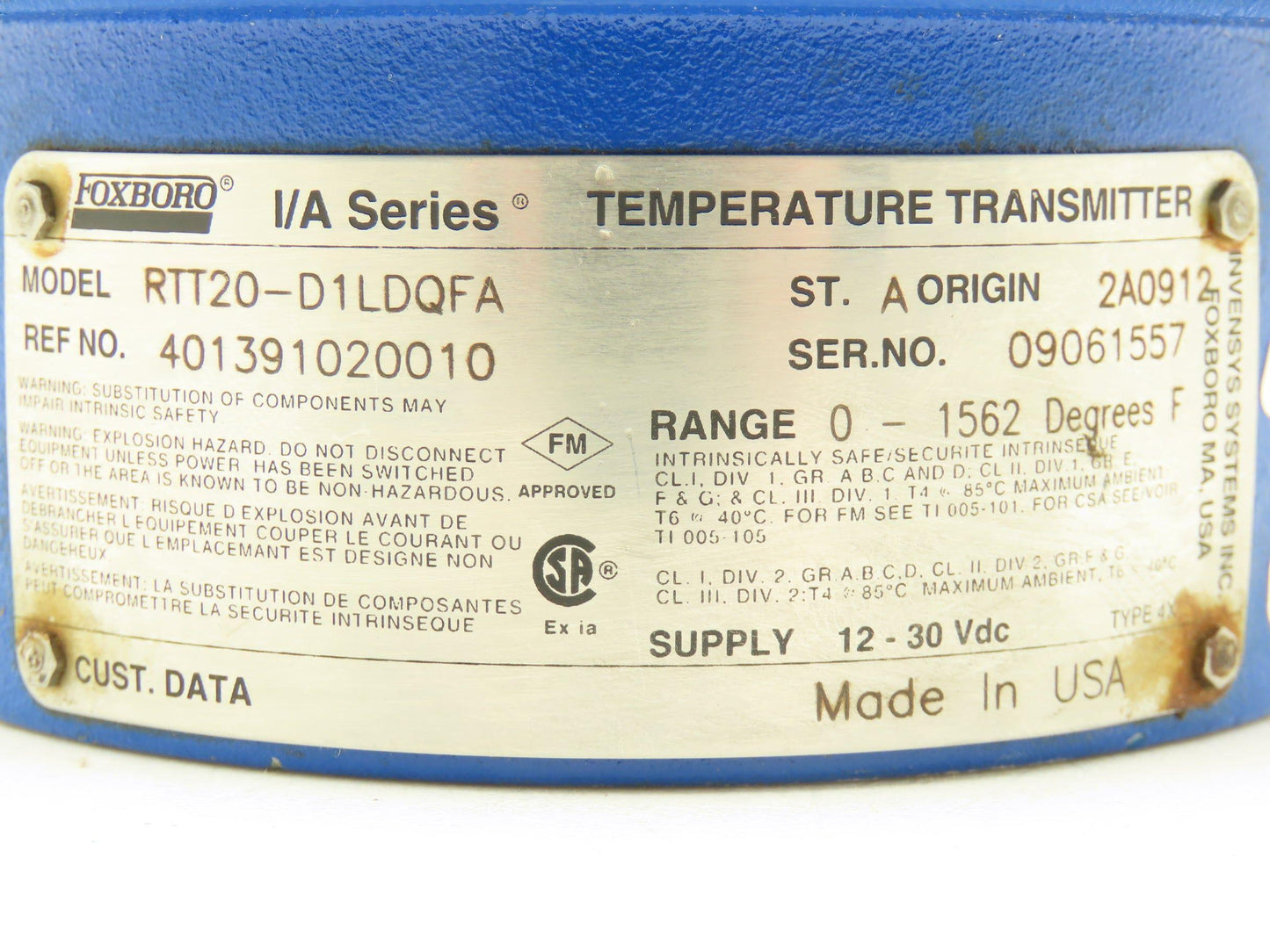 Foxboro RTT20-D1LDQFA Temperature Transmitter I/A Series 12-30vdc 0-1562° F