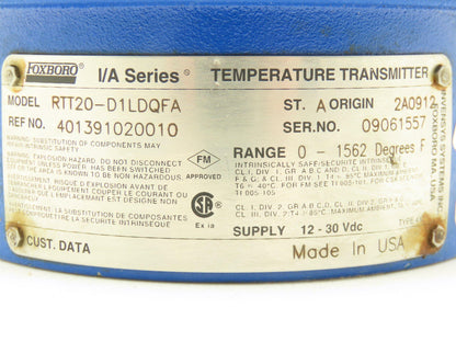 Foxboro RTT20-D1LDQFA Temperature Transmitter I/A Series 12-30vdc 0-1562° F