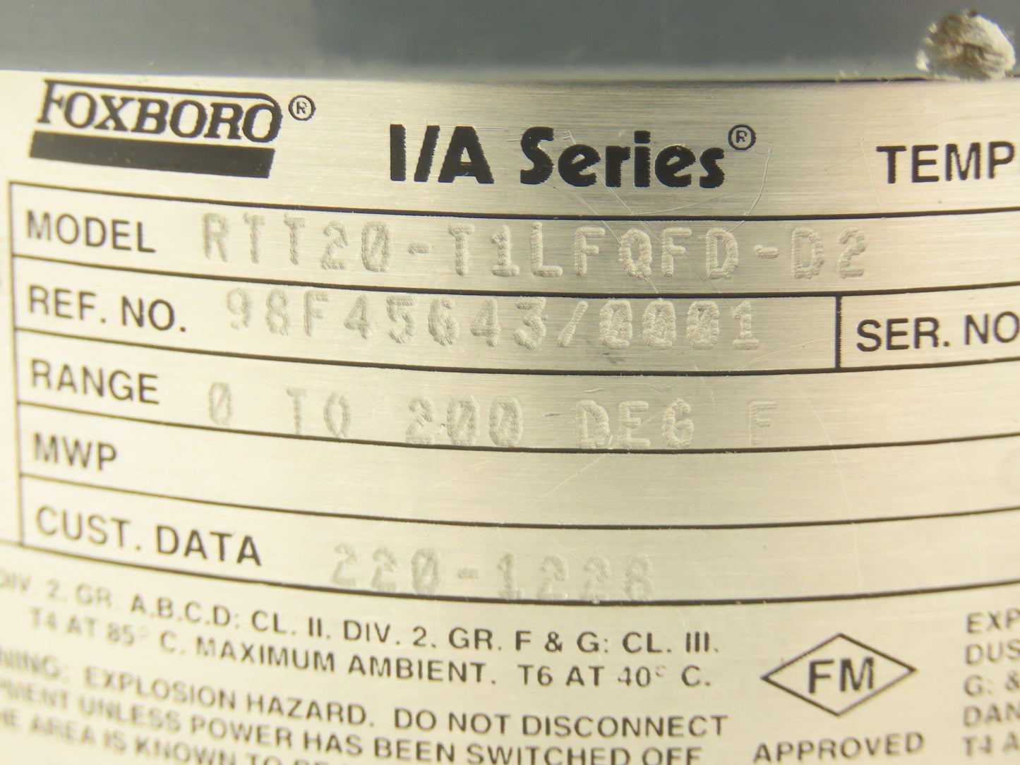 Foxboro RTT20-T1LFQFD-D2 Temperature Transmitter I/A Series 12-42vdc 0-200° F