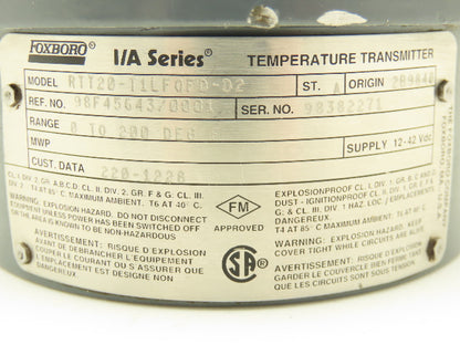 Foxboro RTT20-T1LFQFD-D2 Temperature Transmitter I/A Series 12-42vdc 0-200° F