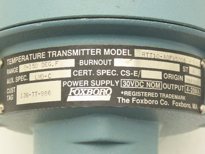 Foxboro RTT10-AQFWS006 Temperature Transmitter 0-150° 30vdc