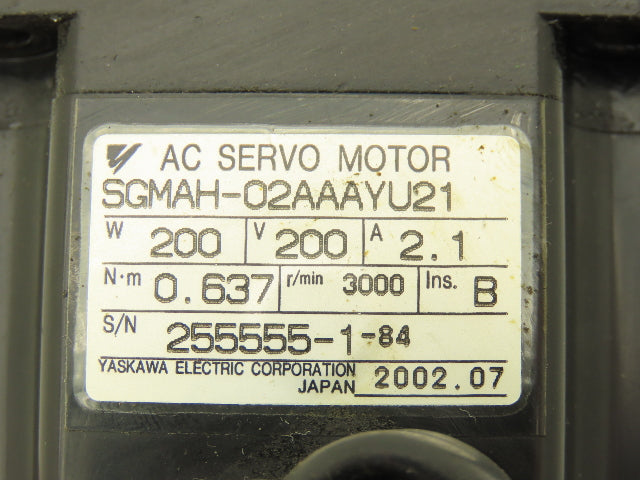 Yaskawa SGMAH-02AAAYU21 AC Servo Motor 200W 200V 3000RPM