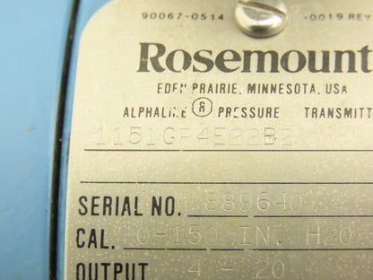 Rosemount 1151GP4E22B2 SMART Gauge Pressure Transmitter 0-150 in wc 45VDC