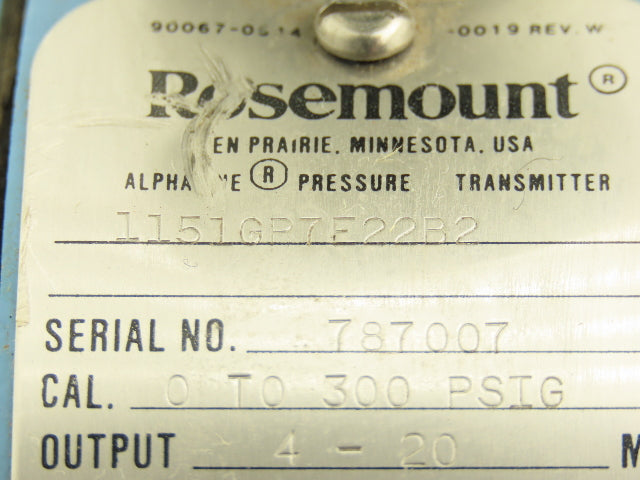 Rosemount 1151GP7E22B2 SMART Gauge Pressure Transmitter 0-300psig 45VDC