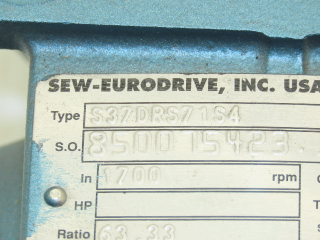 Sew Eurodrive DRS71S4 Gearmotor 63.33 Ratio 27rpm .25Hp 230/460V RH Output