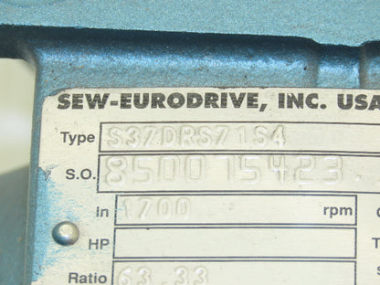 Sew Eurodrive DRS71S4 Gearmotor 63.33 Ratio 27rpm .25Hp 230/460V RH Output