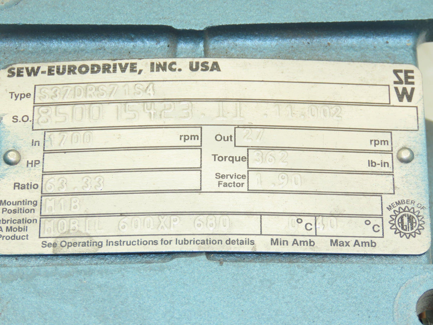 Sew Eurodrive DRS71S4 Gearmotor 63.33 Ratio 27rpm .25Hp 230/460V RH Output