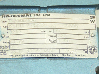 Sew Eurodrive DRS71S4 Gearmotor 63.33 Ratio 27rpm .25Hp 230/460V RH Output