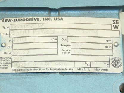 Sew Eurodrive DRS71S4 Gearmotor 63.33 Ratio 27rpm .25Hp 230/460V RH Output