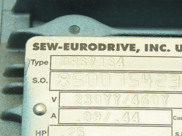 Sew Eurodrive DRS71S4 Gearmotor 63.33 Ratio 27rpm .25Hp 230/460V RH Output