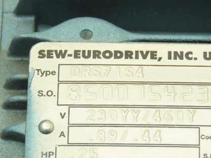 Sew Eurodrive DRS71S4 Gearmotor 63.33 Ratio 27rpm .25Hp 230/460V RH Output