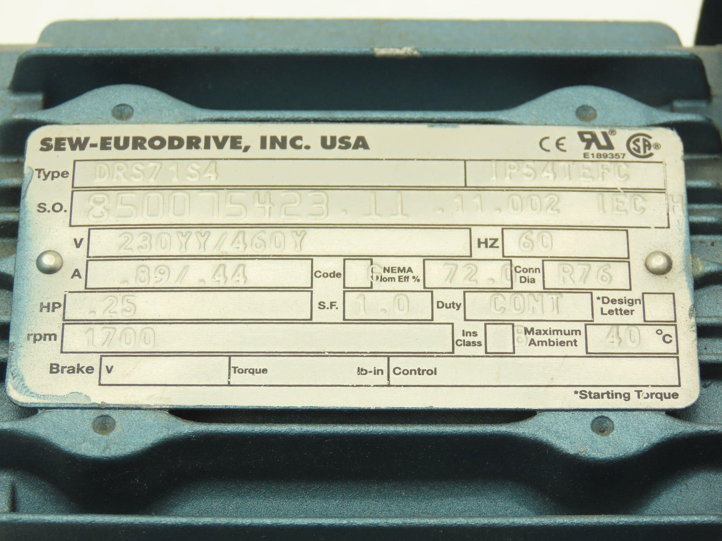 Sew Eurodrive DRS71S4 Gearmotor 63.33 Ratio 27rpm .25Hp 230/460V RH Output