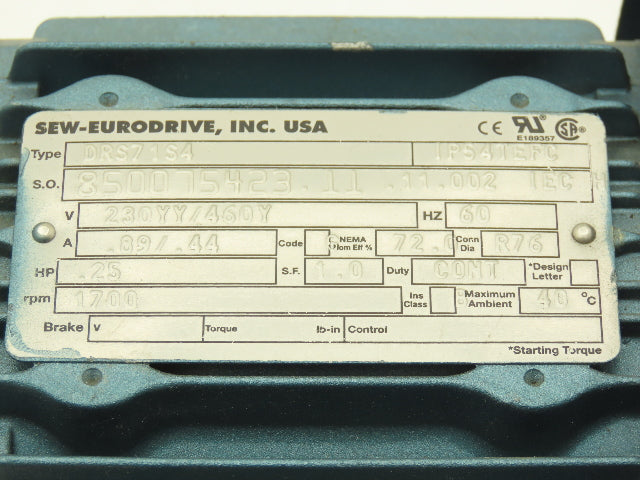 Sew Eurodrive DRS71S4 Gearmotor 63.33 Ratio 27rpm .25Hp 230/460V RH Output