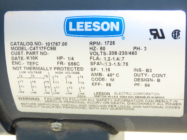 Leeson 101767.00 Gearmotor .25Hp 230/460V 3PH 56C 50:1 Hub City Reducer 35rpm RH