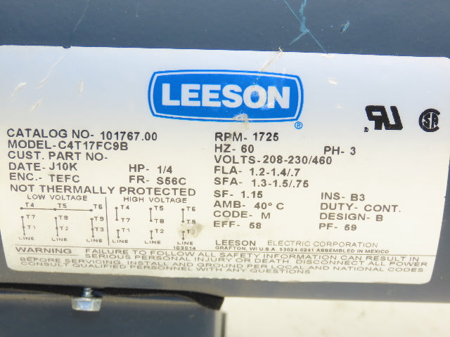 Leeson 101767.00 Gearmotor .25Hp 230/460V 3PH 56C 50:1 Hub City Reducer 35rpm LH