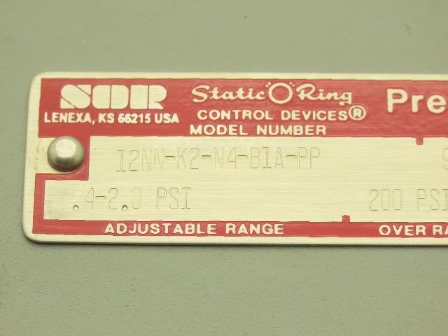 SOR Control Devices 12NN-K2-N4-B1A-PP Pressure Switch 0.4-2.0 psi
