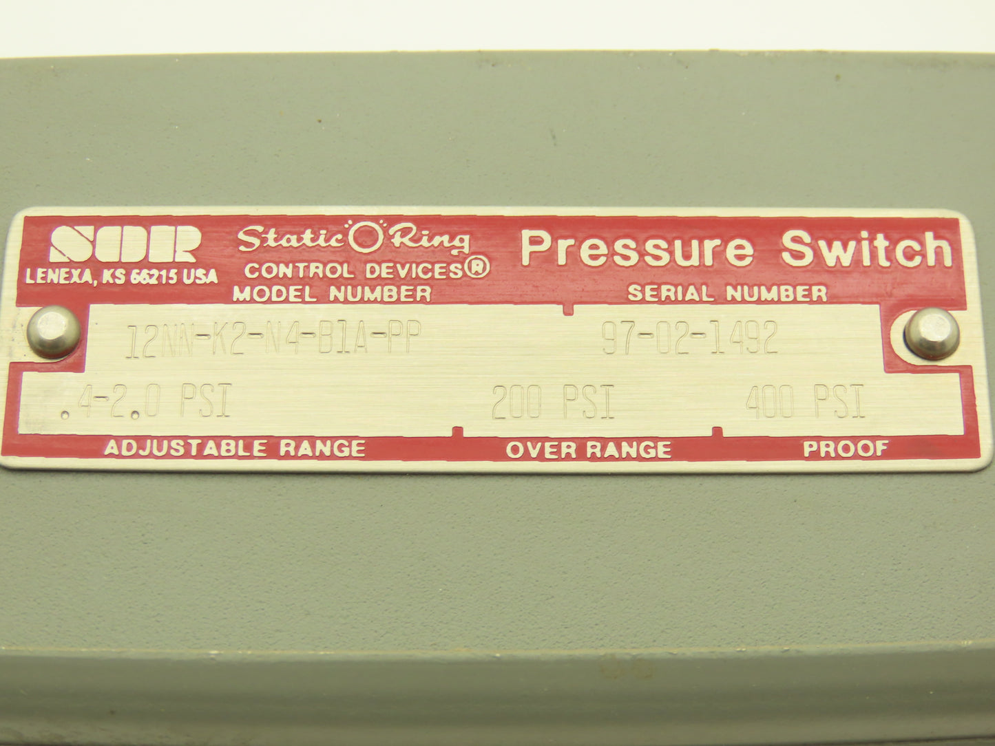 SOR Control Devices 12NN-K2-N4-B1A-PP Pressure Switch 0.4-2.0 psi