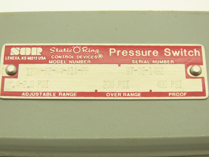 SOR Control Devices 12NN-K2-N4-B1A-PP Pressure Switch 0.4-2.0 psi