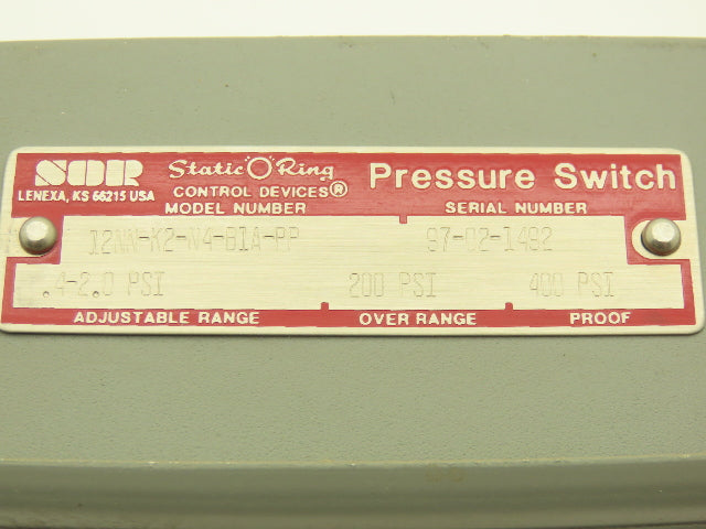 SOR Control Devices 12NN-K2-N4-B1A-PP Pressure Switch 0.4-2.0 psi