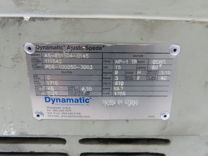 Dynamatic AS-251504-0145 Ajusto Spede Drive Motor 15HP 575V 1765RPM NP-1TR