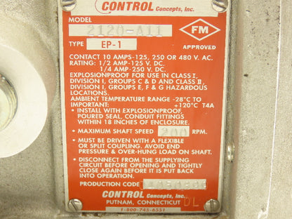 Control Concepts 2120-A11 EP-1 Speed Switch 125-480VAC 200rpm 1/2" Shaft Ser F
