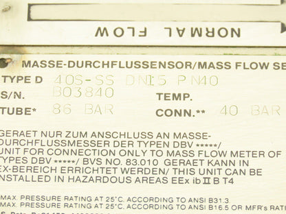 Micro Motion 40S-SS Mass Flow Sensor 86 Bar 1/2" ANSI Flange