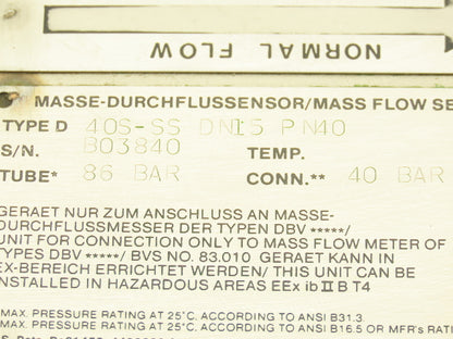 Micro Motion 40S-SS Mass Flow Sensor 86 Bar 1/2" ANSI Flange