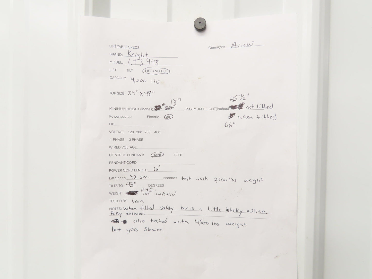 Knight LT3448 Pneumatic Lift Tilt Table Tote Tipper 4000lb 45° Degree 48x34" Top