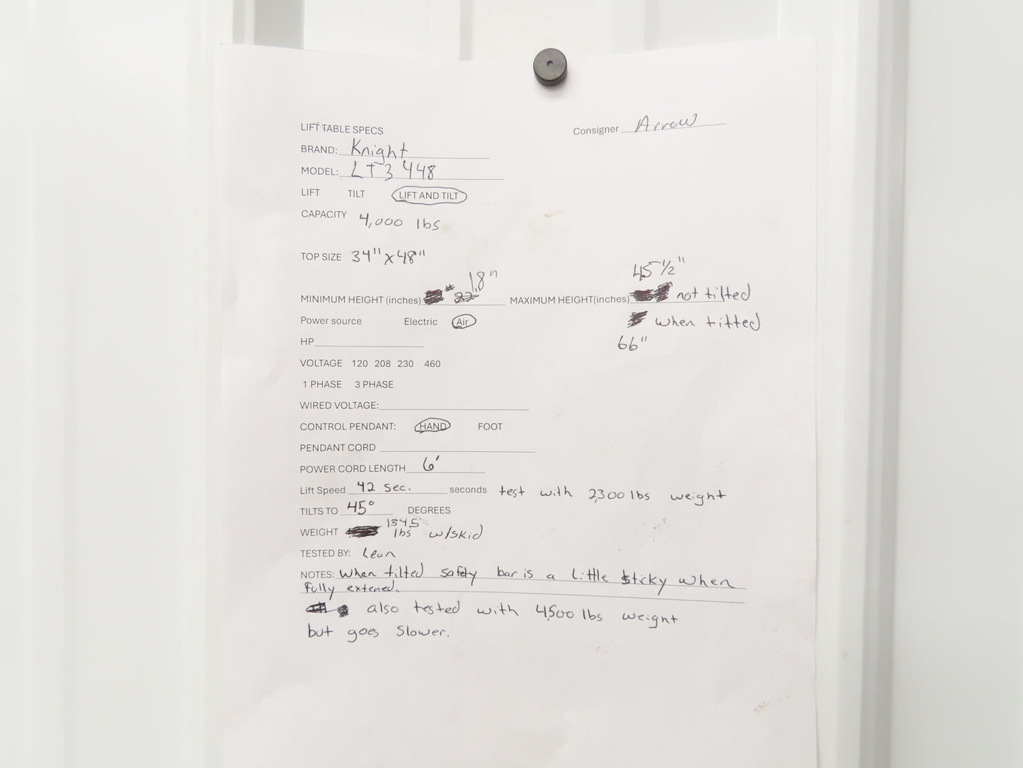 Knight LT3448 Pneumatic Lift Tilt Table Tote Tipper 4000lb 45° Degree 48x34" Top