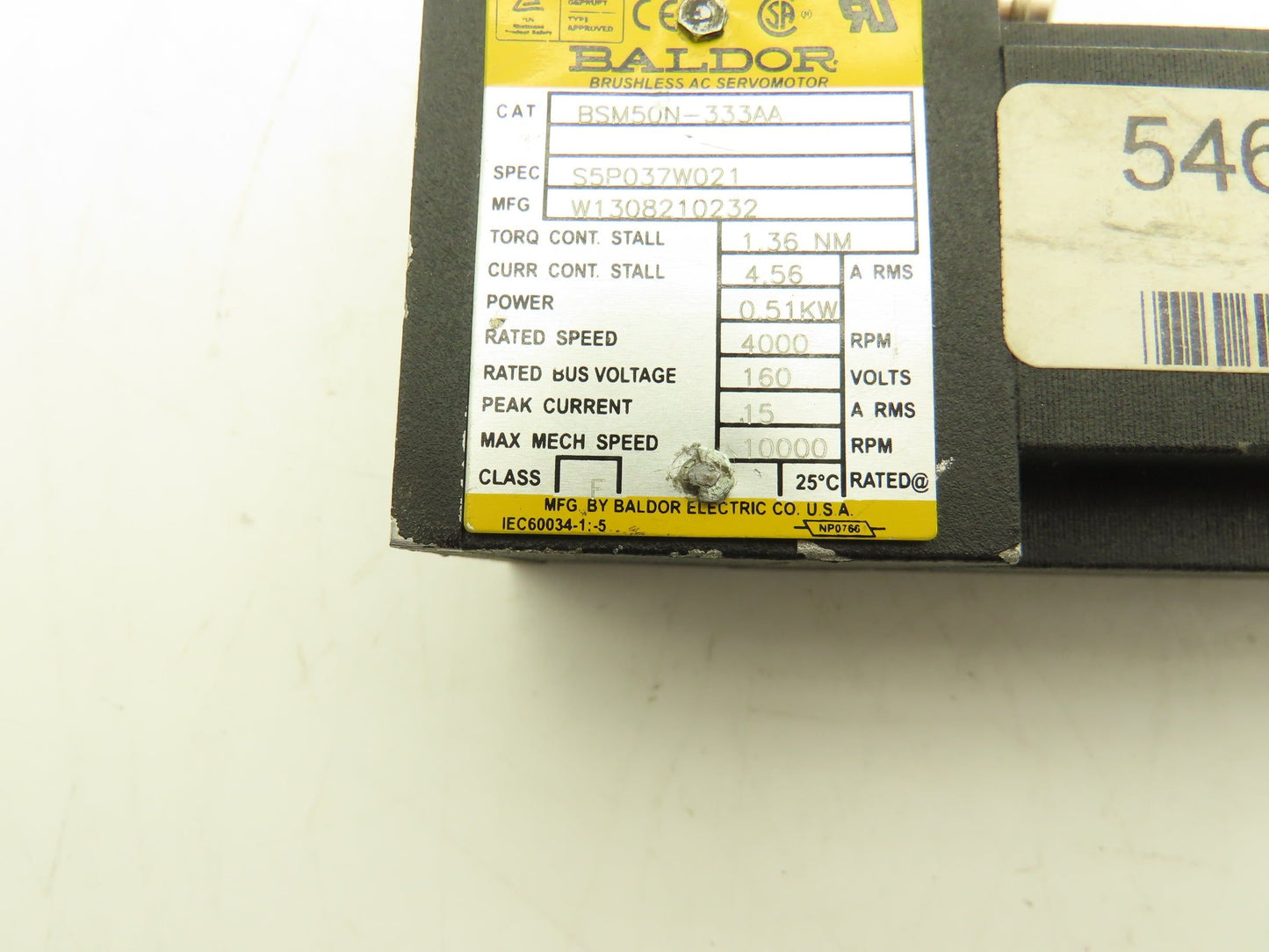 Baldor BSM50N-333AA AC Servo Motor 0.51kW 4000rpm 160v 9mm Shaft