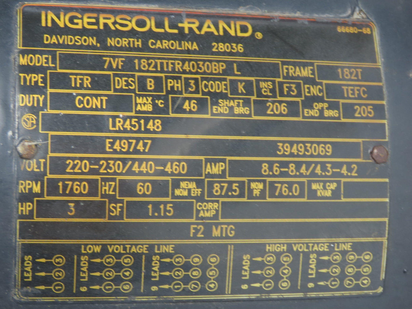 Ingersoll Rand 7VF 182TTFR4030BPL TFR AC Motor 3Hp 1760rpm 230/460V 3PH 182T