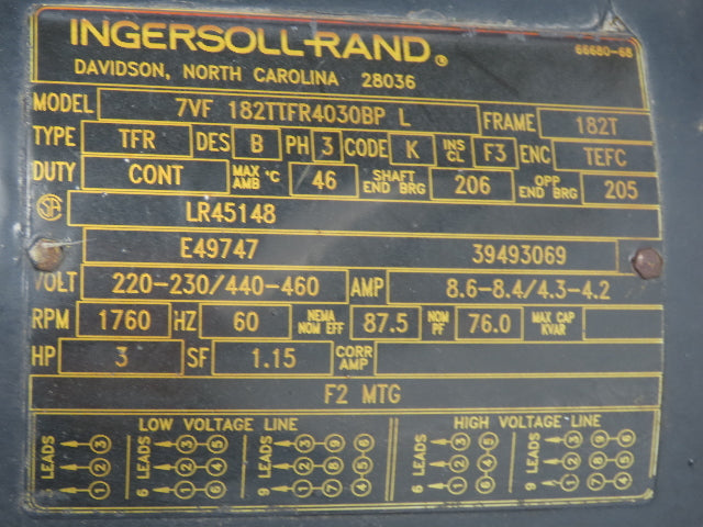 Ingersoll Rand 7VF 182TTFR4030BPL TFR AC Motor 3Hp 1760rpm 230/460V 3PH 182T