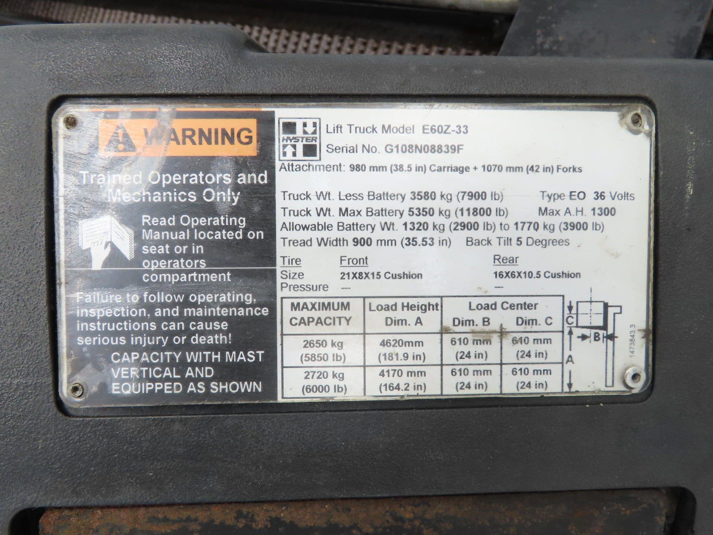 Hyster E60Z Forklift Mast 182" 3-Stage Side Shift Tilt Class 3 Electric 6000lbs