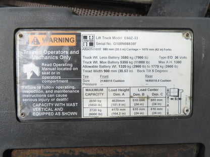 Hyster E60Z Forklift Mast 182" 3-Stage Side Shift Tilt Class 3 Electric 6000lbs