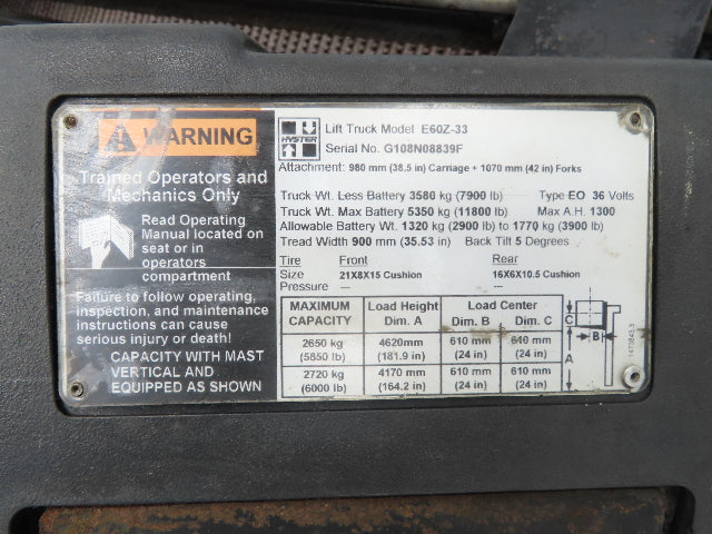 Hyster E60Z Forklift Mast 182" 3-Stage Side Shift Tilt Class 3 Electric 6000lbs