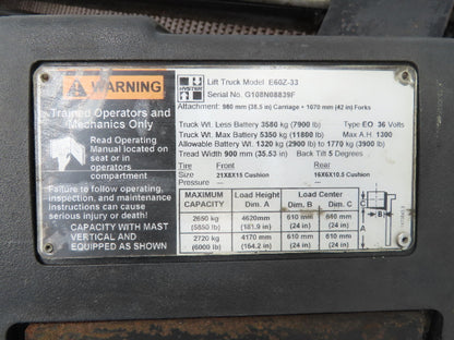 Hyster E60Z Forklift Mast 182" 3-Stage Side Shift Tilt Class 3 Electric 6000lbs