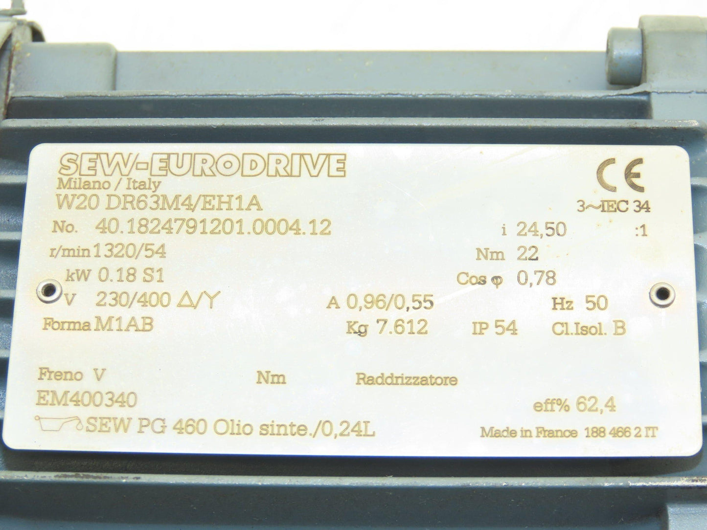 Sew Eurodrive W20 DR63M4/EH1A Gearmotor .18kw 24.5:1 54rpm 230/400V Dual Shaft