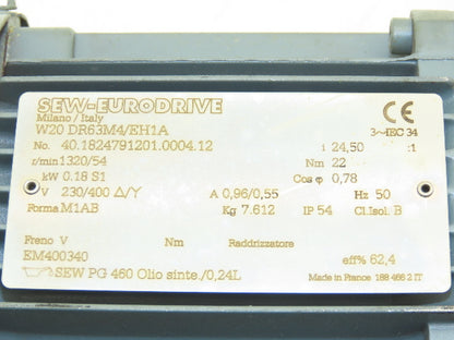 Sew Eurodrive W20 DR63M4/EH1A Gearmotor .18kw 24.5:1 54rpm 230/400V Dual Shaft