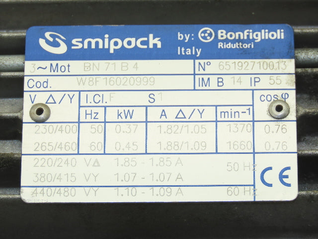 Bonfiglioli BN71B4 Gearmotor .45kw 230/480V 14:1 Ratio Hollow Shaft VF44P1P71B14