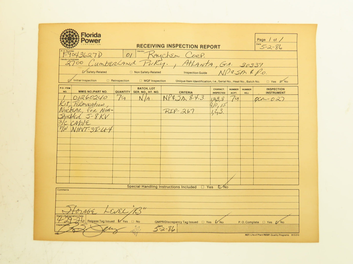 Raychem NHVT-3-I-U-4 Nuclear High Voltage Termination 3/C Non Shielded 8kv