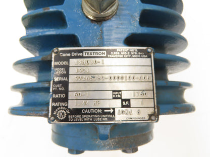 Cone Drive MSH030-1 Worm Gearbox 60:1 Reducer 29rpm 1.44Hp 1-1/2" Hollow Shaft