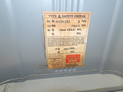 Cutler Hammer 4101H313 Safety Disconnect Load Switch 575V 100A 50Hp