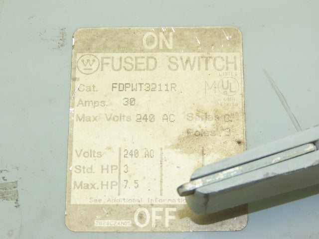 Westinghouse FDPWT3211R Safety Disconnect Fused Switch 30A 240VAC 3Hp 3 Pole