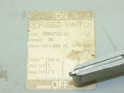 Westinghouse FDPWT3211R Safety Disconnect Fused Switch 30A 240VAC 3Hp 3 Pole