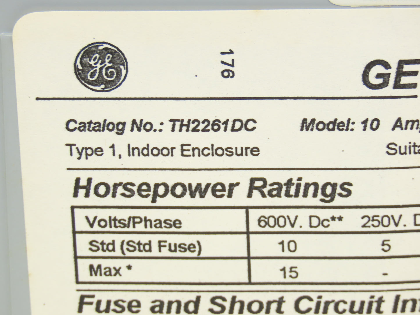 General Electric TH2261DC Safety Disconnect Load Switch 600V DC 10Hp 30A 2 Pole